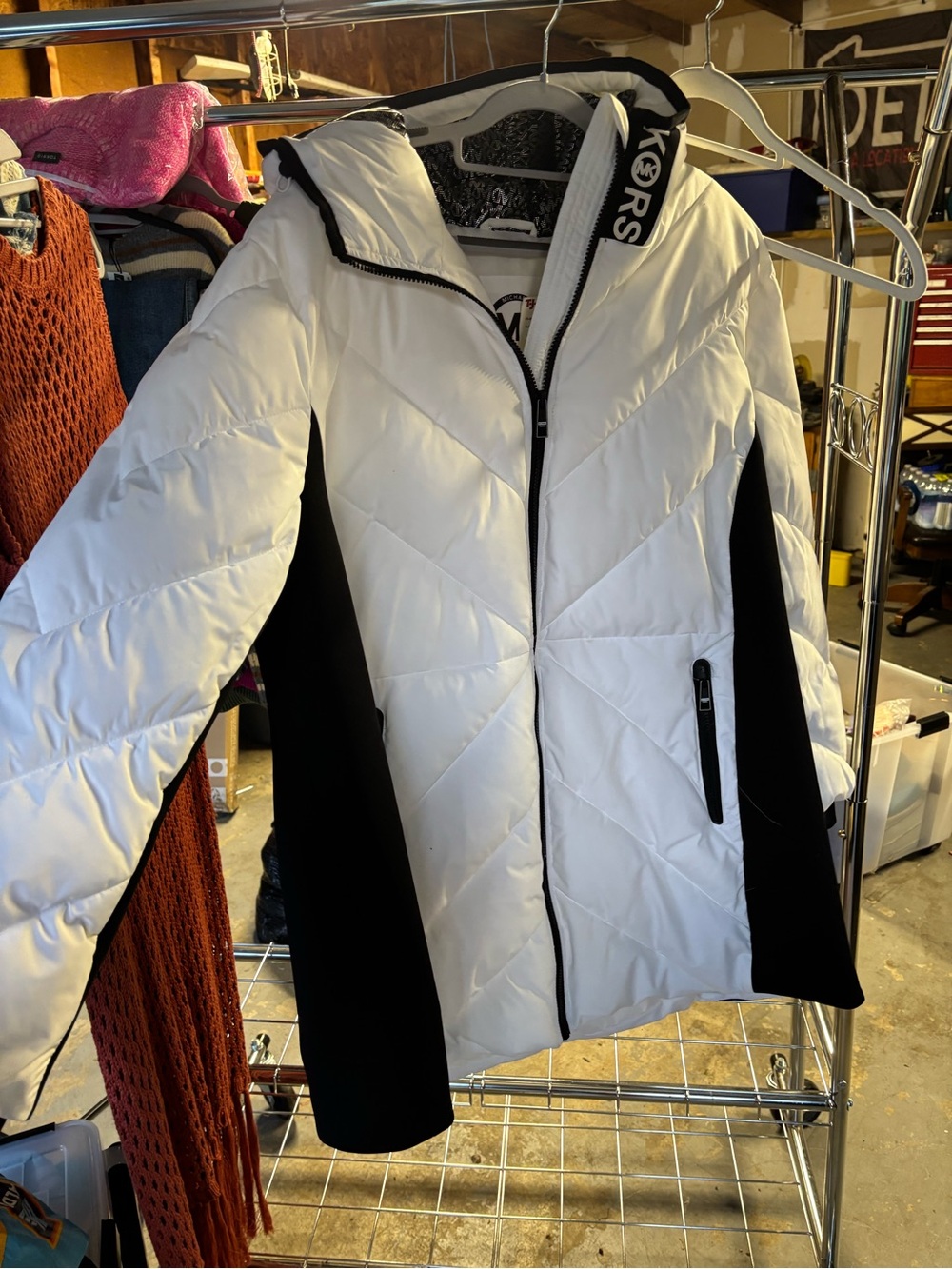 Michael Kors White and Black Quilted Hooded Puffer Jacket